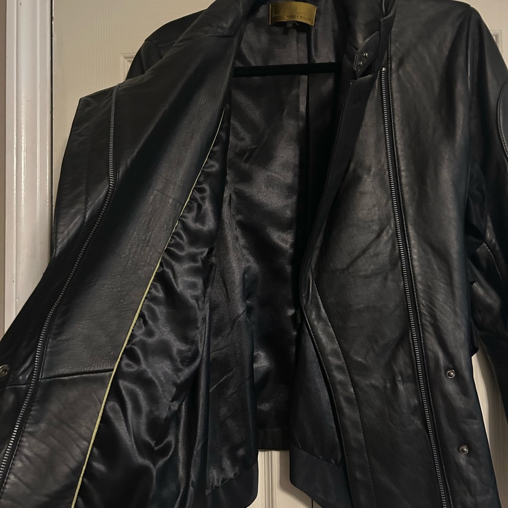 Nicole Miller Black Fabric And Genuine Leather Moto Jacket with Gold Label - Picture 4 of 9